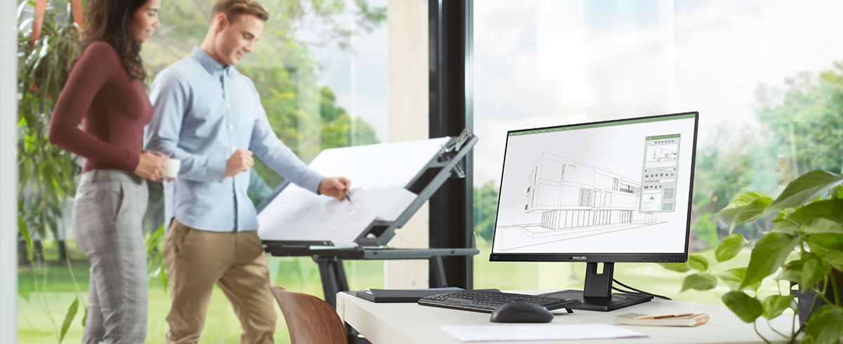 Die Menschen genie&szlig;en den Arbeitsplatz mit den umweltfreundlichen, energiesparenden Monitoren von Philips.