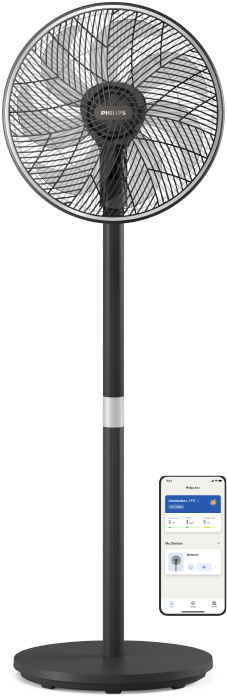 Ein Philips Standventilator neben den Mini-Symbolen der Philips Air+ App vor einem hellblauen Hintergrund.