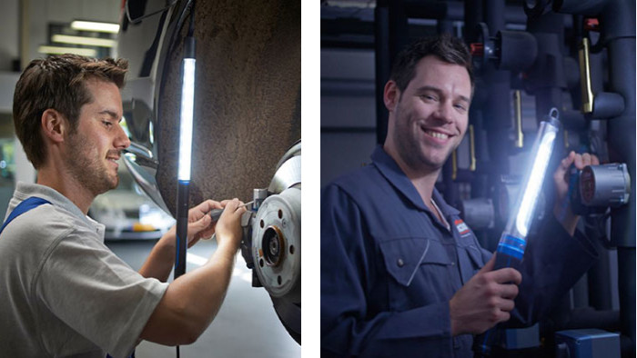 Lampe d'atelier LED &eacute;clairant un m&eacute;canicien r&eacute;parant une voiture